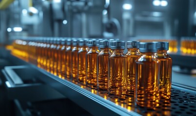 Medical vials on production line at clear pharmaceutical factory, Pharmaceutical machine working pharmaceutical glass bottles production line