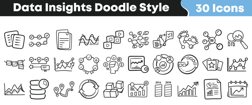 Collection of thirty hand drawn doodle style icons representing various concepts related to data insights analytics and business reporting.