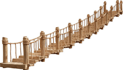 Fototapeta premium Rustic rope and wood suspension bridge with plank walkway over an unseen abyss