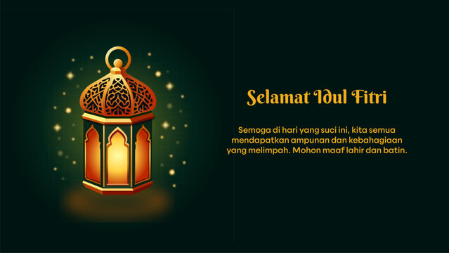 Selamat Idul Fitri Greeting card eid al fitr with arabic islamic lantern elegant and luxurious gold themed and dark green background