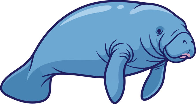 A cartoon blue manatee with flippers and a paddle-shaped tail, isolated on white