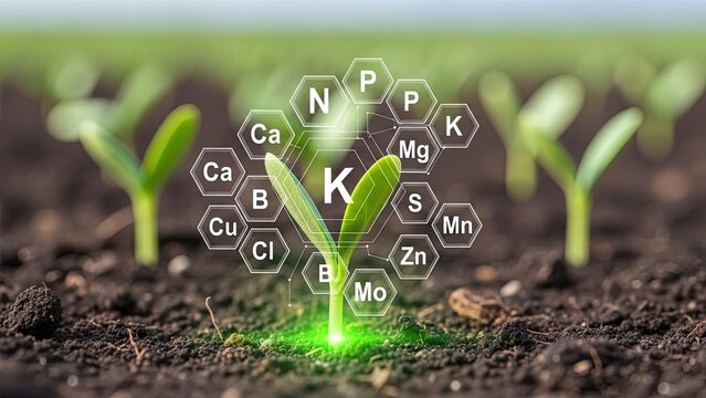 Young plant with glowing roots and essential nutrient icons for healthy growth.