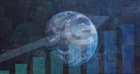 Animation of globe and data processing over 5g text and caucasian worker - Powered by Adobe