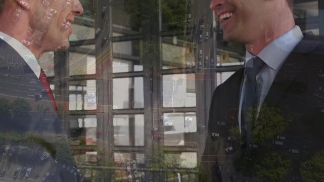 Animated business figures shake hands over cityscape, symbolizing global networking.