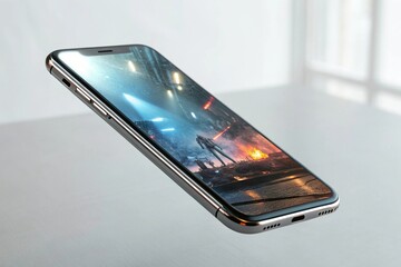 Sleek smartphone displaying a futuristic cityscape with a lone figure standing amidst dramatic lighting and action