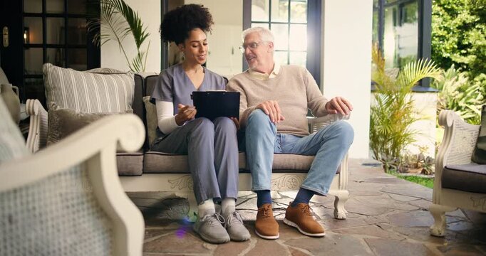 Outdoor, senior man and caregiver with tablet for teaching, online navigation info and app setup help. Patio, tech education or homecare nurse with old person for assistance, talk or explain homepage