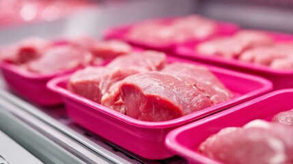 Brightly colored trays showcase an assortment of fresh meat, enticing customers in a vibrant marketplace. The presentation promises quality and freshness, ideal for meal preparation