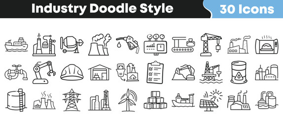 Collection of thirty industry doodle style line icons representing various sectors like manufacturing construction energy and transportation elements © Vectoravec