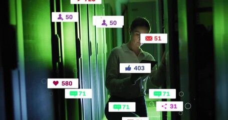 Animation of social media icons and numbers over caucasian female it technician by computer server - Powered by Adobe
