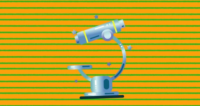 Animation of microscope icon over green horizontal lines in seamless pattern on yellow background