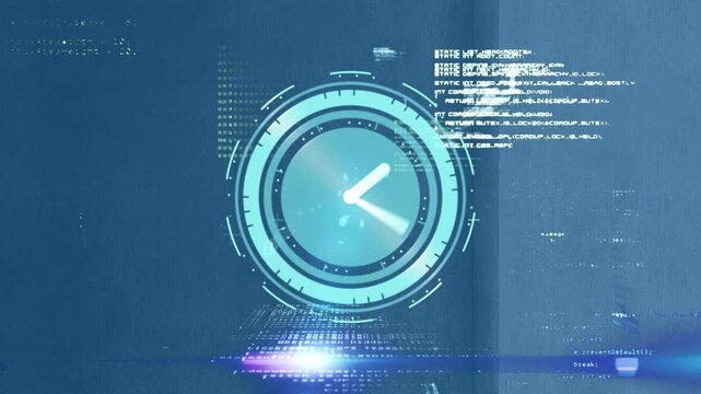 Animation of digital clock over binary codes, lens flares, computer language on abstract background