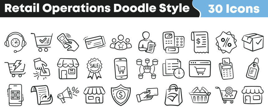 Collection of thirty hand drawn doodle style icons representing various essential retail operations, commerce activities, and financial transactions.