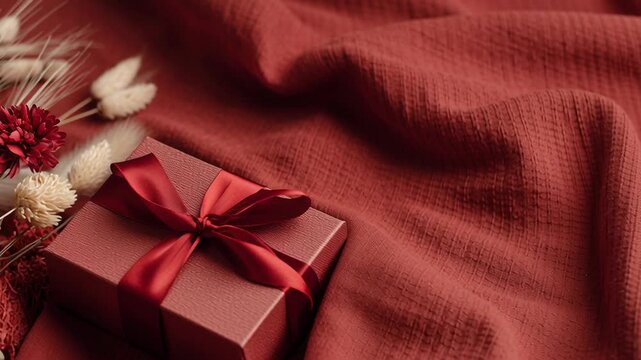 A red box with a red ribbon is placed on a red cloth with dried flowers. Valentine date flat lay with gift box, ribbon, dried flowers, warm red tones, modern minimal aesthetic