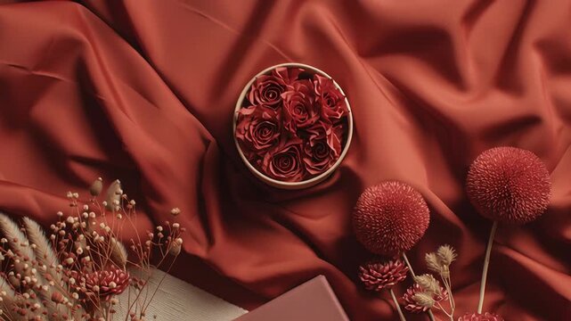 A red box with a red ribbon sits on a red cloth with flowers and a vase. The box is a gift. Valentine date flat lay with gift box, ribbon, dried flowers, warm red tones, modern minimal aesthetic