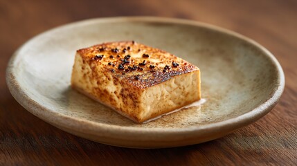 Pan-seared tofu slice, crisp edges, no garnish, beige ceramic plate, clean modern composition