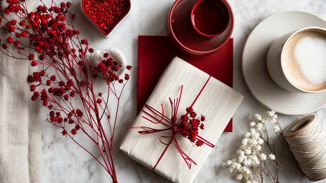 A white plate with a coffee cup and a red box with a red ribbon on top of it.Valentine date flat lay with simple gift wrapping, red accents on neutral surface, calm romantic branding style