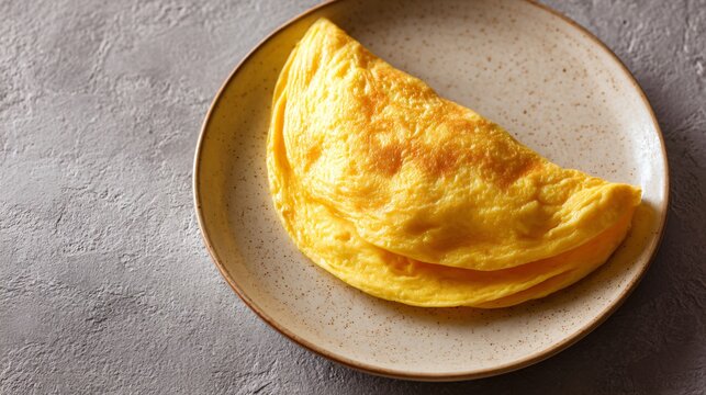 Omelet folded once, smooth surface without fillings visible, minimalist ceramic plate, warm morning light, clean negative space