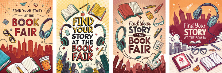 Four vibrant posters announcing a young adult book fair event with creative typography and imagery