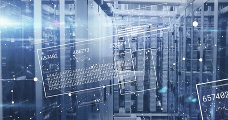 Animation of data processing and shapes over server room - Powered by Adobe