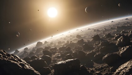 A rocky exoplanet or asteroid field bathed in the brilliant light of a distant star. astroid belt 