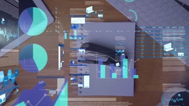 Animating of statistical data processing against stapler falling on wooden office table