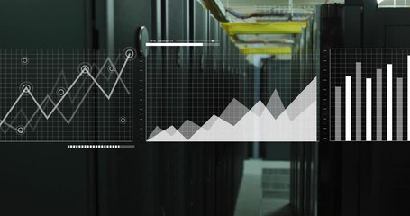 Animation of interface with statistical data processing against computer server room - Powered by Adobe