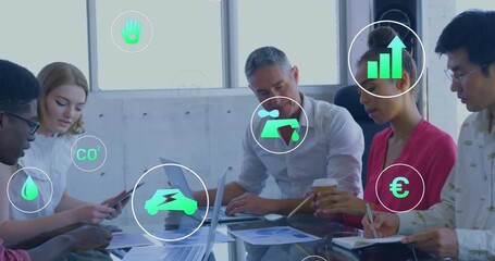 Animation of multiple digital icons against diverse team of collegues discussing together at office - Powered by Adobe