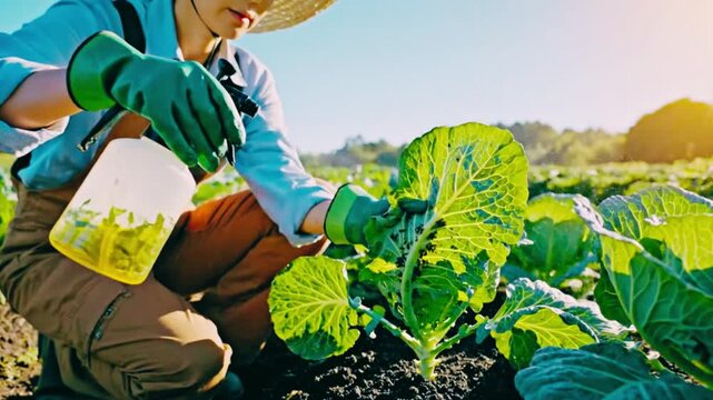Farmer carefully tending to young cabbage plants in a sunny agricultural field while applying a protective treatment
