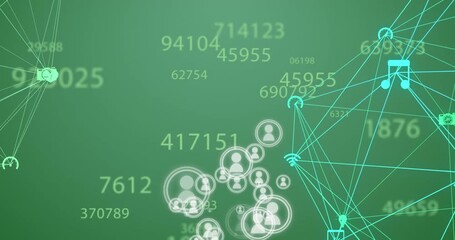 Animation of changing numbers, profile icons, spinning globes of digital icons on green background - Powered by Adobe