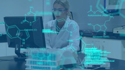 Animation of medical data processing over caucasian female scientist using computer at laboratory - Powered by Adobe
