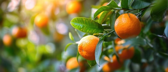 Fresh citrus branches with organic ripe fresh oranges tangerines growing on branches with green leaves in sunny garden