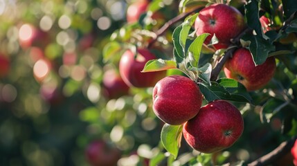 Fresh organic red apples ripe growing on branches with green leaves in sunny fruiting garden