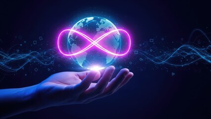 Obraz premium Hand holding glowing Earth with infinity symbol representing global connection and digital future.