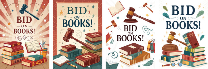 Creative book fair auction posters featuring gavel and stacked books for bidding excitement