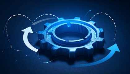 Futuristic Blue Gear with Circular Arrows Symbolizing Process and Technology.