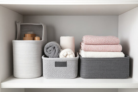 Decluttering closet with minimalist style using storage bins creates organized and calm atmosphere with neatly folded towels and rolled textiles on white shelves