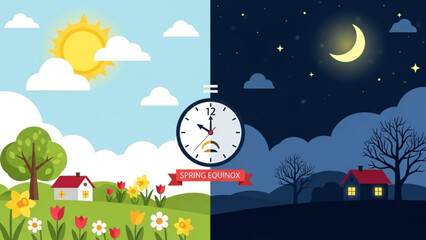 Spring equinox illustration showing day and night with clock and seasonal change with nature and landscape and seasons and time and sun and moon