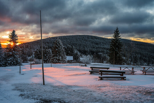 Beautiful sunrise in winter mountain landscape. Orlick&eacute; hory, Czech Republic.