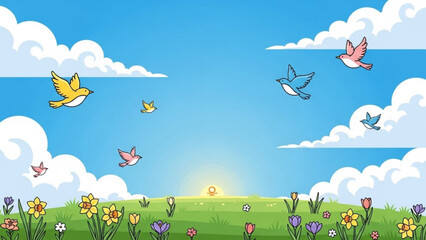 Colorful cartoon birds flying over a vibrant flower field at sunrise with fluffy white clouds in a bright blue sky with whimsical and landscape