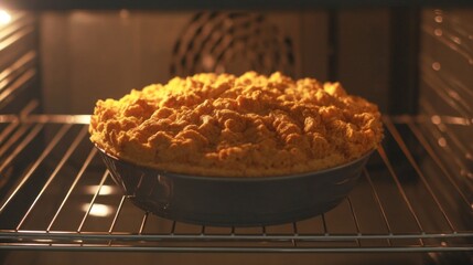 Inside the hot oven, a homemade pie bakes to golden perfection. Its crust rises beautifully, releasing sweet and warm aromas, inviting everyone to enjoy a delicious dessert soon