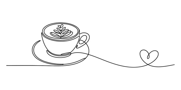 Minimalist continuous line drawing of a coffee cup with latte art and a heart Vector, illustration