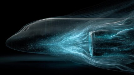 Rotating airplane engine wireframe view concept. The design showcases fluid dynamics and airflow around the engine in a futuristic style. - Powered by Adobe