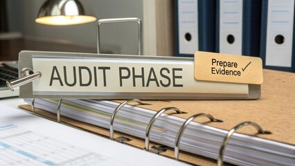 Document Holder Highlighting Audit Phase with Checklist for Preparing Evidence in Professional Office Environment