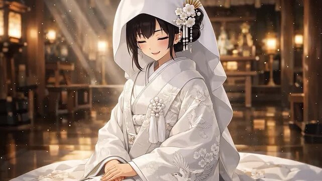 Anime-style Japanese bride wearing a traditional white wedding kimono at a shrine
