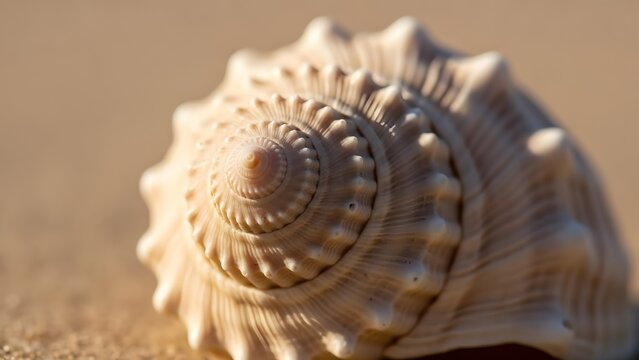 Macro detail of a spiral seashell on a sandy beach with soft warm lighting - Powered by Adobe