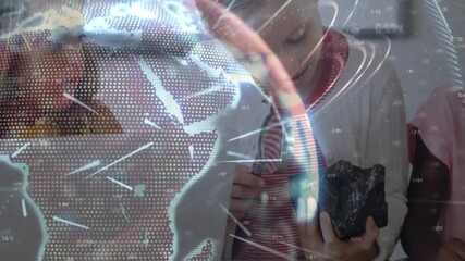 Three students starting STEM scanning upon globe projection guiding stylus mapping rock data - Powered by Adobe