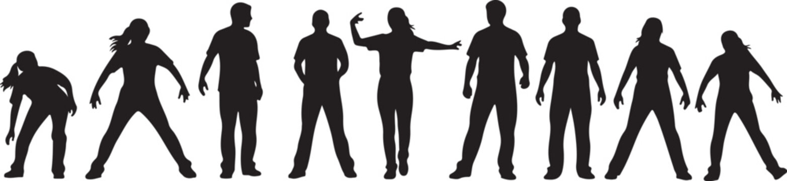Silhouettes of people in various dance poses and movements