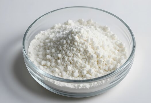 A clear glass bowl brimming with a fine white powder, potentially an essential kitchen ingredient or chemical. cbd isolate powder 