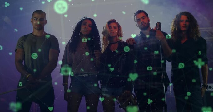 Five collaborators reacting to health data visualization as green icons forming grid in purple haze