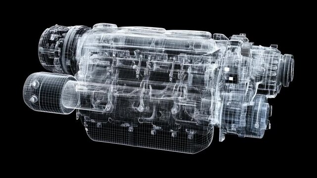 Rotating airplane engine wireframe view concept. A detailed visualization showcasing the intricate components of an aircraft engine.